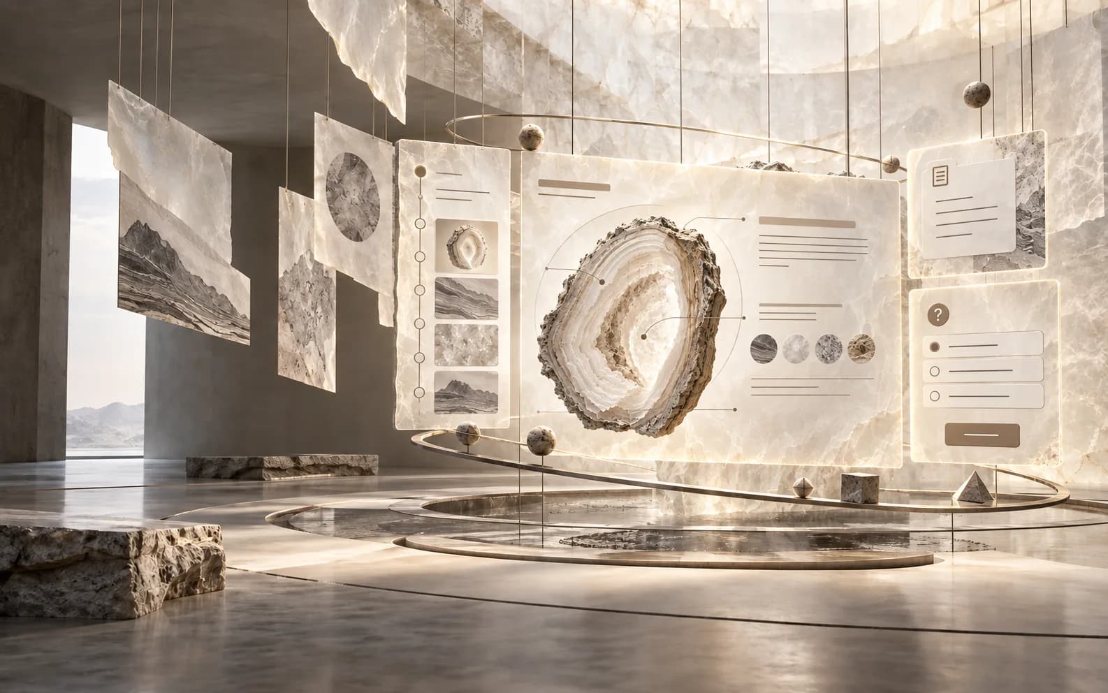 Translucent mineral learning layers orbiting an illuminated geological core